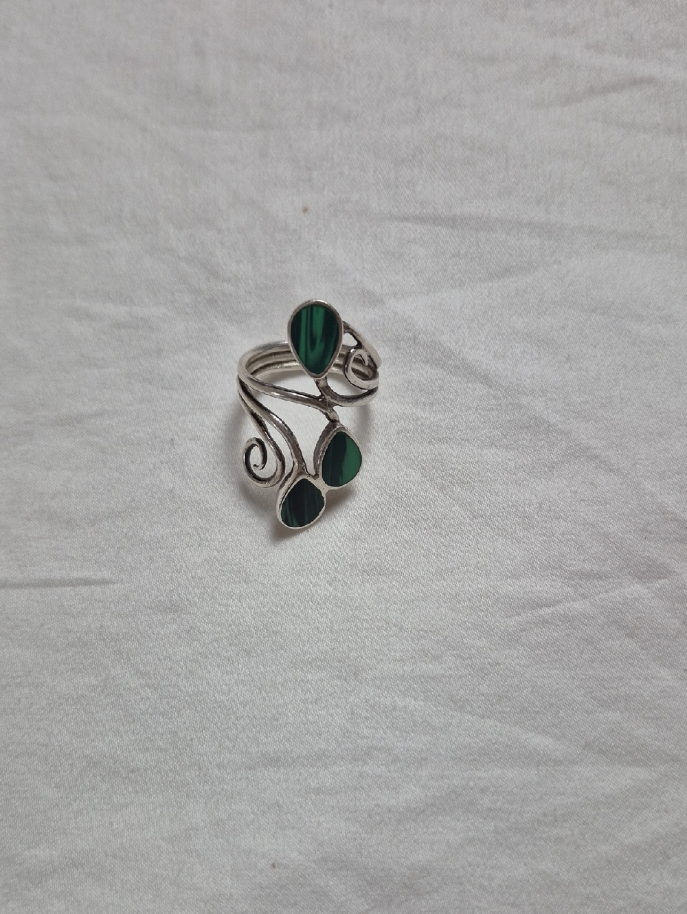 Silver Ring with Green Teardrop Stones - Elegant Swirl Design